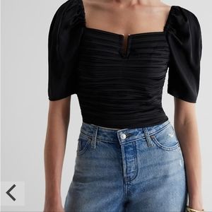 Express Satin V-Bar Puff Sleeve Ruched Pleated Top